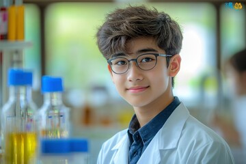 Young man in glasses wearing a lab coat and smiling