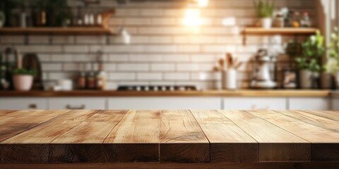 Wall Mural - Wooden Tabletop with Blurred Kitchen Background