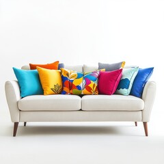 Bright and colorful couch adorned with decorative pillows, perfect for modern living room decor and cozy seating.