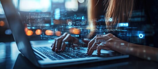 Woman's hands typing on a laptop keyboard with digital code and data surrounding her.