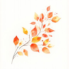 Sticker - Watercolor illustration. Autumn branch, red and orange leaves on white background. Fall, October. Watercolor blurred stains, splashes.	