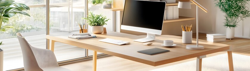 Wall Mural - Minimalist Home Office Desk with Natural Light.