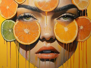 Wall Mural - Woman's Face Covered in Dripping Oranges and Limes