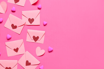 Wall Mural - Envelopes with hearts on pink background. Valentine's Day celebration