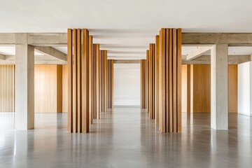 Wall Mural - minimalist interior design with concrete floors, wooden columns, and white walls.