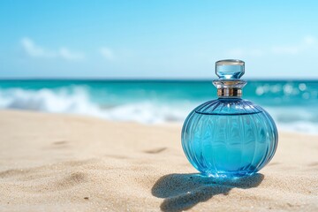 Close up of a glass pot-bellied bottle of blue perfume on the sandy shore of the ocean. In the background, the ocean surf and the horizon. with generative ai