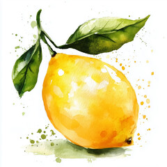 Sticker - Watercolor illustration. Whole fresh lemon with green leaves isolated on a white background. Sour yellow fragrant lemon. Watercolor blurred stains, splashes. Sketch.