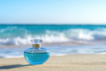 Wall Mural - Close up of a glass pot-bellied bottle of blue perfume on the sandy shore of the ocean. In the background, the ocean surf and the horizon. with generative ai