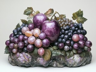 Wall Mural - Carved Fruit Sculpture: Grapes and Apples in Purple Hues