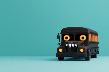 Cartoon-style spooky black school bus with large eyes on a turquoise background.