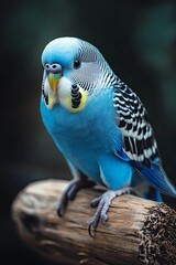 Wall Mural - A blue and grey budgie perched on a branch, looking directly at the camera.