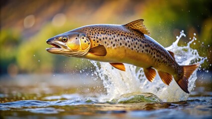 Brown trout jumping out of water with water splash, trout, fish, wildlife, river, nature, water, splash, jumping