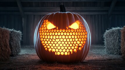 Canvas Print - Illuminate your Halloween with a charming honeycomb pumpkin, casting a warm glow in a cozy barn filled with hay.