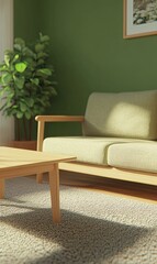 Wall Mural - a minimalist living room with a light green wall, a beige sofa, a wooden coffee table, and a plant i