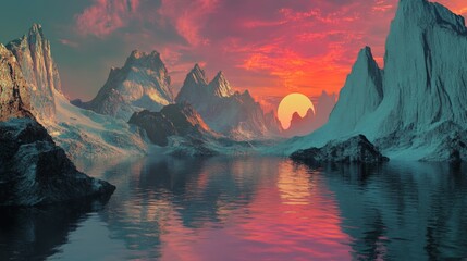 3D render of a fantasy landscape panorama featuring rugged rocks and tranquil water, set against an abstract fantastic background with red sunset illumination