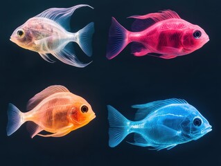 Wall Mural - Bioluminescent fish from different species illuminating the dark ocean depths, their glowing bodies highlighting deep sea biodiversity