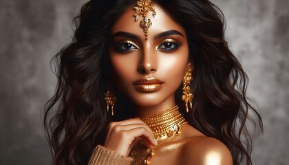 Beauty Fashion Model  Girl With Golden Make Up Hair And Jewelry Gold Glowing Skin Metallic Glance 17