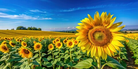 Wall Mural - Bright yellow sunflower field against blue sky in rural landscape with sunflower harvest underway, sunflower, yellow