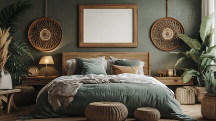 3D render of a stylish bedroom featuring a mockup frame above a cozy bed, adorned with ocean-inspired decor and earthy tones for a relaxed atmosphere