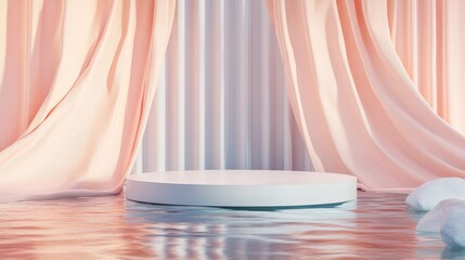 Wall Mural - 3D render of an empty platform podium on water, surrounded by waving pastel curtains, offering a contemporary and stylish product display environment