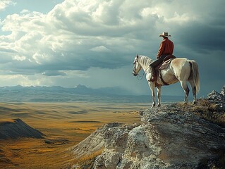 Poster - Cowboy on Horseback Admires the Vast Prairie Landscape