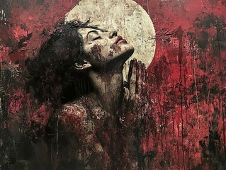 Poster - Intense Portrait of a Woman with Dramatic Red Background