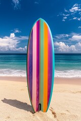 A colorful surfboard standing upright on a sandy beach with a turquoise ocean and blue sky in the background.