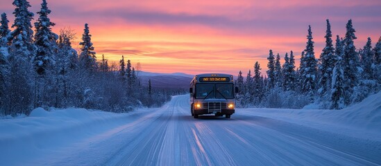 Wall Mural - A bus drives down a snowy road in the winter with a colorful sunset behind it.