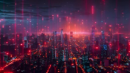 Leinwandbilder - Twilight descends over a neon-lit skyline with digital data flow.
