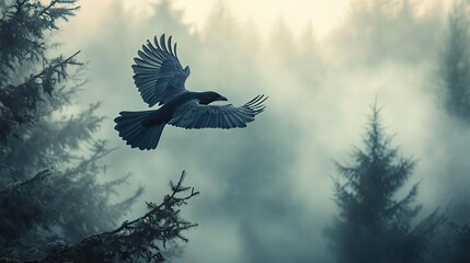 photograph a bird taking flight from a tree in a foggy forest