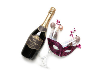 Sticker - Carnival mask, bottle of champagne, glasses and Christmas balls on white background