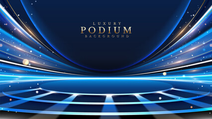 Wall Mural - luxury blue podium on dark background with golden curves, white neon lights, and bokeh effects. eleg
