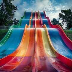 Poster - brightly colored slide in a park with a cloudy sky in the background