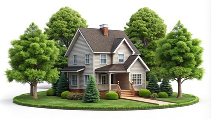 realistic animated house with surrounding trees isolated on white background