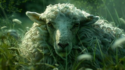 Close Up Portrait of a Fluffy Sheep in a Lush Green Field