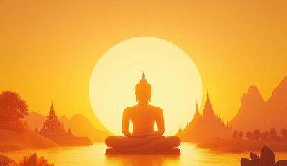 Sticker - illustration of a Buddha silhouette with a temple and sky background