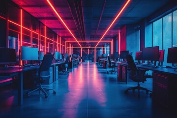 Modern office with neon accents, futuristic touch with copy space