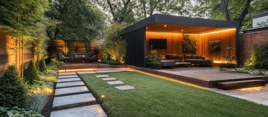 A modern outdoor living space with a stone path leading to a covered patio with a sectional sofa, a television, and a green wall.