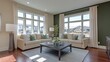 © bcendet - Modern living room with large windows, white sectional sofa, coffee table, and green wall.