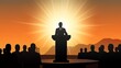 © Alisa - Silhouette of a speaker at a podium with an audience in front of them.  Sunset and golden light backdrop. AI generative. .