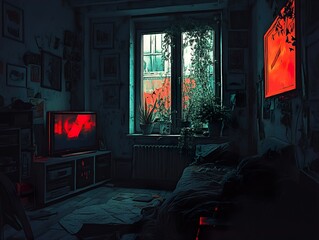 Poster - Dark Room Interior with Red Accents and Plants