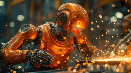 Orange robot welding with sparks flying. AI generative. .
