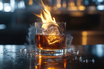 front view of old-fashioned glass with cold alcoholic drink and a piece of ice on steel bar surface and fire flame at it with generative ai