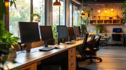 A modern coworking environment featuring warm wooden tones and a lineup of PC monitors. The panoramic window adds brightness and beauty, creating an ideal space for collaboration and inspiration