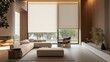 © Thirawat - A modern interior featuring large roller blinds and automatic solar shades, complemented by wooden decor panels that add warmth to the space