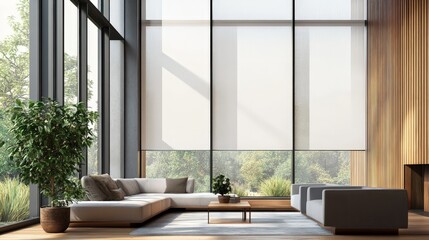 Wall Mural - A modern interior featuring large roller blinds and automatic solar shades, complemented by wooden decor panels that add warmth to the space