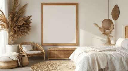 Wall Mural - A peaceful coastal boho bedroom with a blank mockup frame, warm wood furniture, and sandy-toned textiles for a relaxed vibe