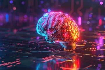 Wall Mural - neon colored brain on a circuit board. ai.