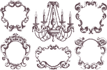 silhouette antique picture frames and crystal chandelier vector 