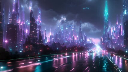Aufkleber - A modern cityscape illuminated by vibrant neon lights at night, showcasing futuristic architecture and bustling streets.